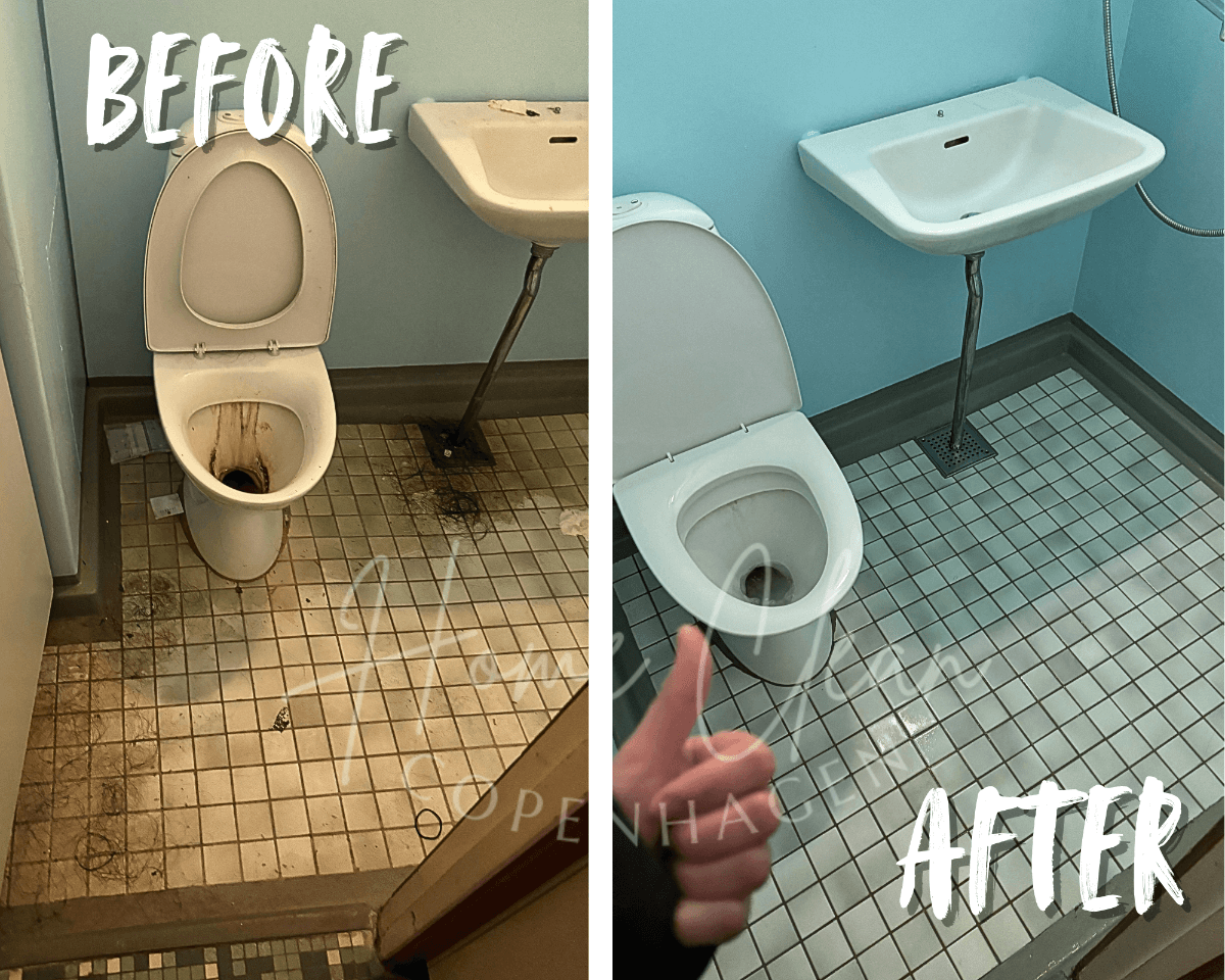 Before and after deep cleaning of a restroom, showcasing significant cleanliness improvement.