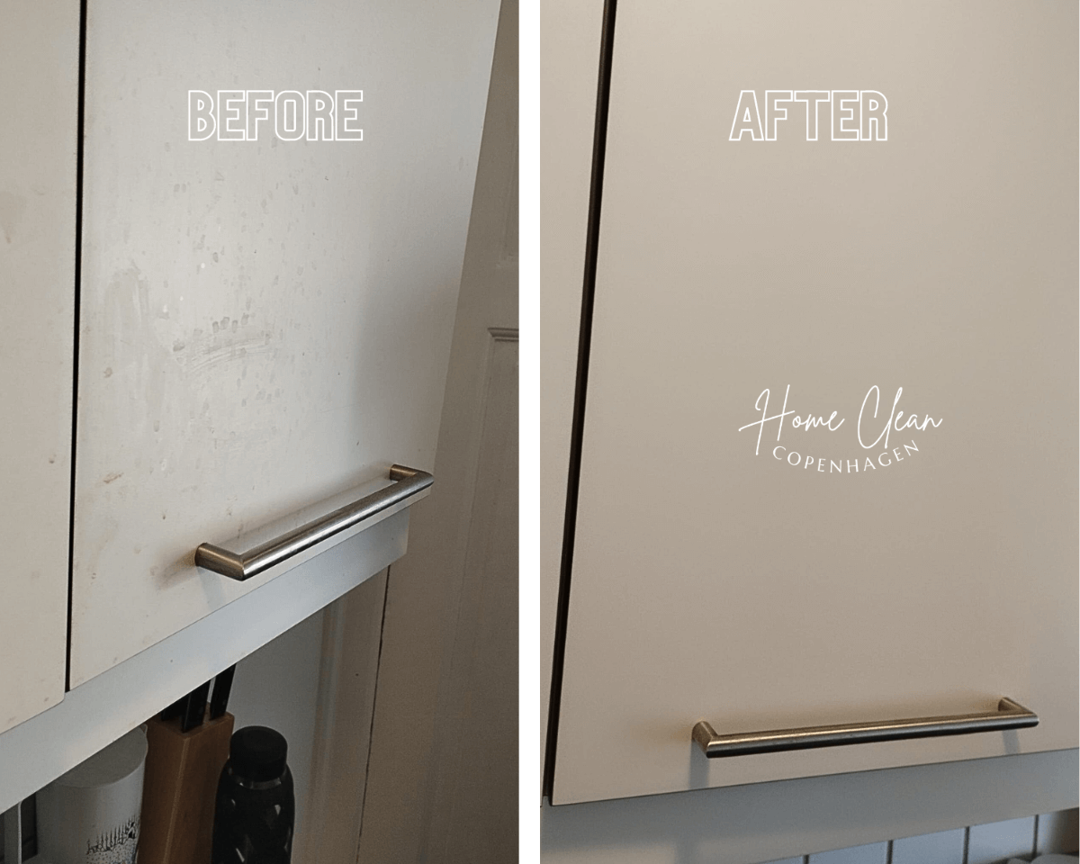 Before and after images of kitchen cabinets cleaned by Home Clean Copenhagen, showcasing deep cleaning results.