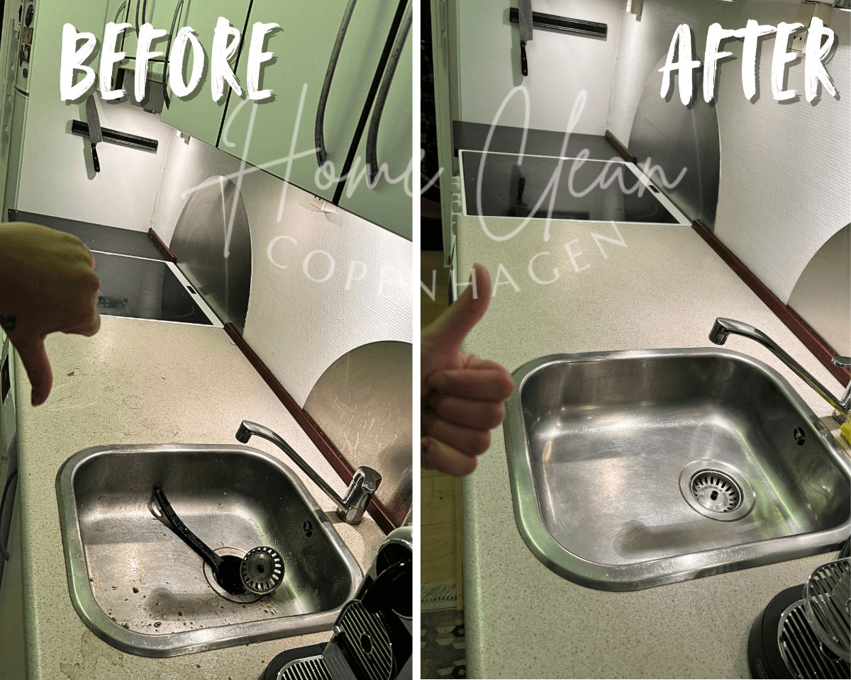 Before and after transformation of a kitchen sink cleaned by Home Clean CPH in Copenhagen.