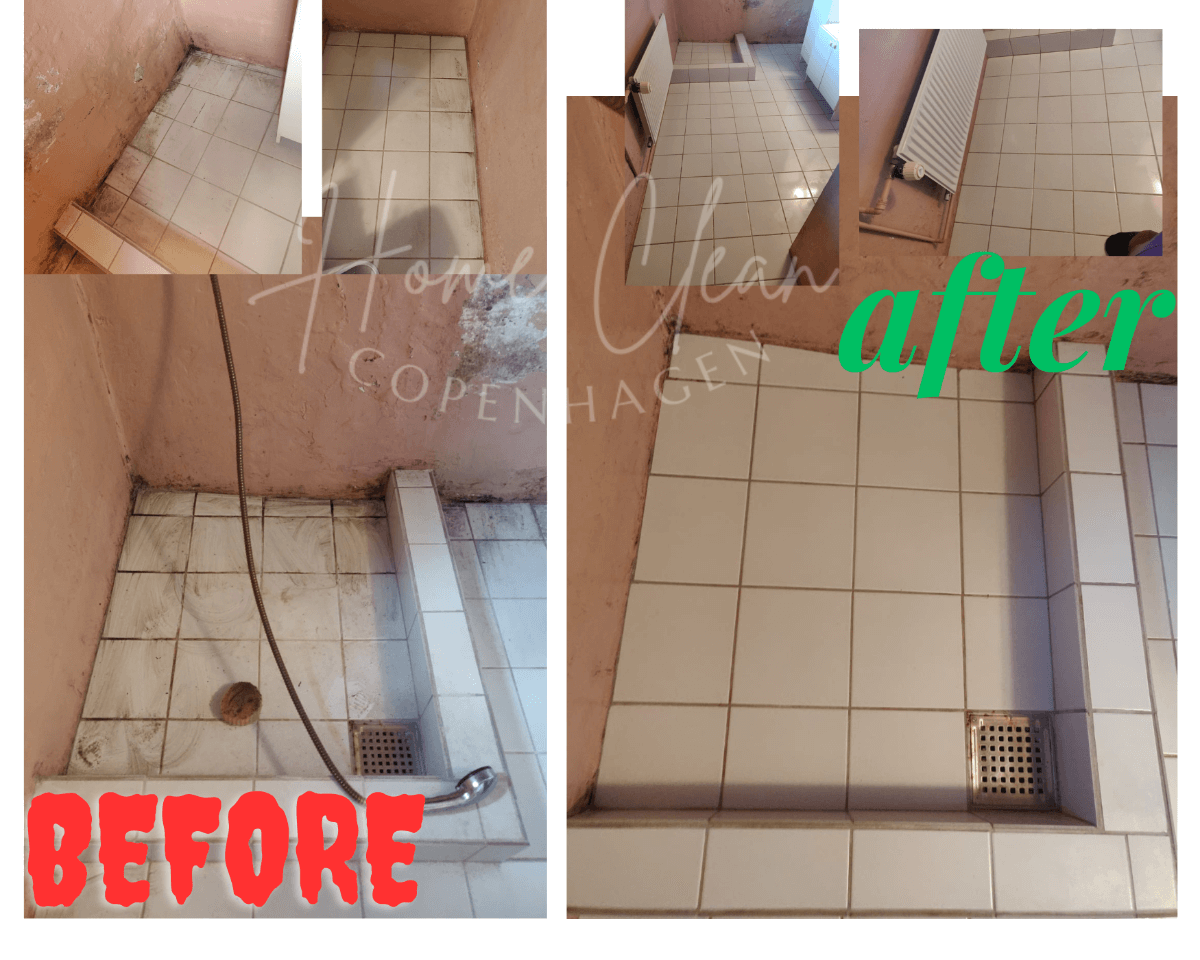 Before and after shower cleaning service in Copenhagen by Home Clean CPH, showcasing tile transformation.