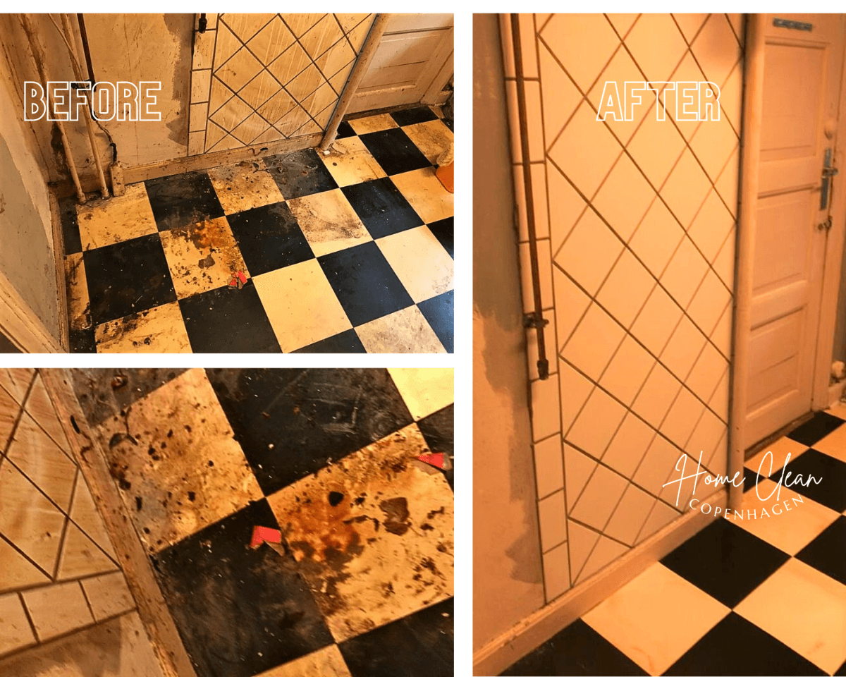 Before and after images of a heavily soiled bathroom floor cleaned by Home Clean CPH. The transformation highlights the effectiveness of professional deep cleaning services, leaving tiles spotless and restored.