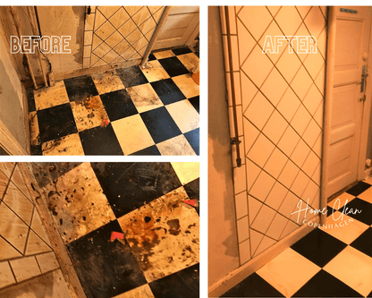 Before and after images of a heavily soiled bathroom floor cleaned by Home Clean CPH. The transformation highlights the effectiveness of professional deep cleaning services, leaving tiles spotless and restored.