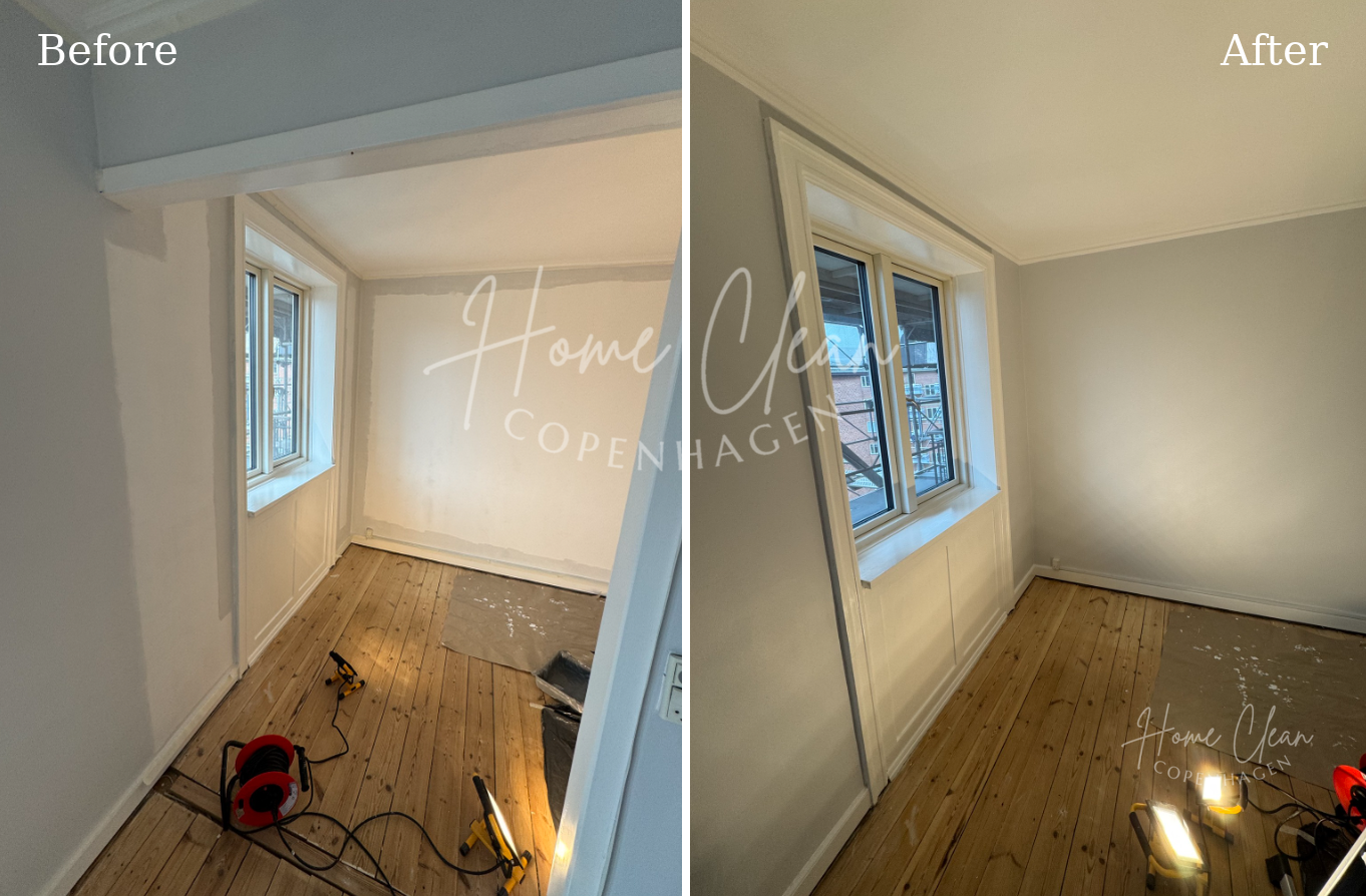 Before and after wall painting service in Copenhagen, showing a room during painting preparation before and a neatly finished painted room after the service. 