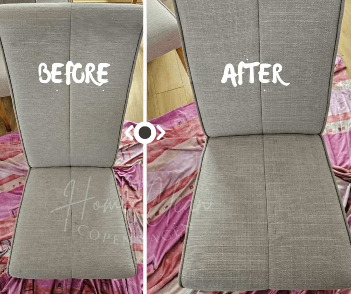 Before and after image showing a professional chair cleaning by Home Clean CPH. A stained and dull chair seat is restored to a fresh and spotless condition through expert cleaning services.
