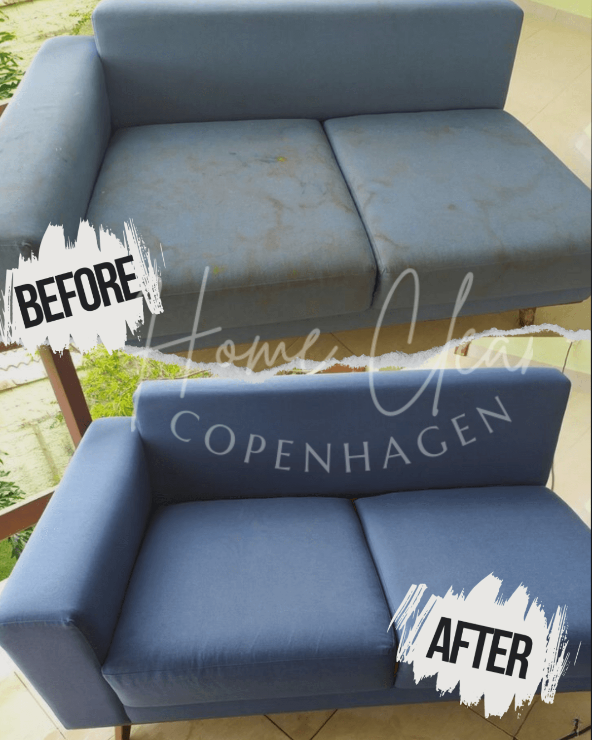 Before and after comparison of sofa cleaning services by Home Clean CPH in Copenhagen. Witness the transformation of a stained and dirty sofa into a spotless, fresh, and clean piece of furniture through professional sofa deep cleaning.