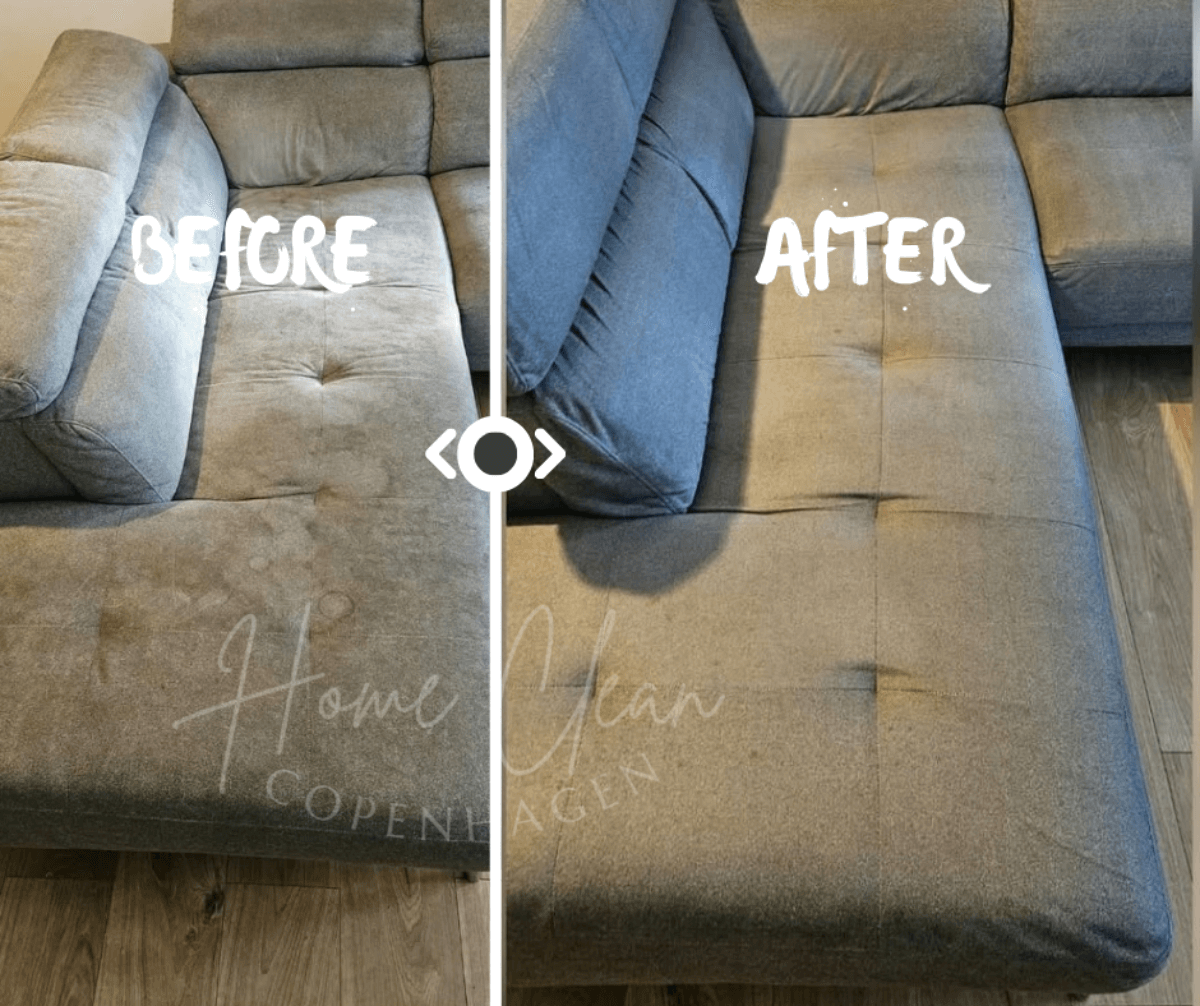 Before and after image showcasing a sofa restoration by Home Clean CPH. A dirty and stained sofa section is transformed into a clean and revitalized piece through professional deep sofa cleaning services.