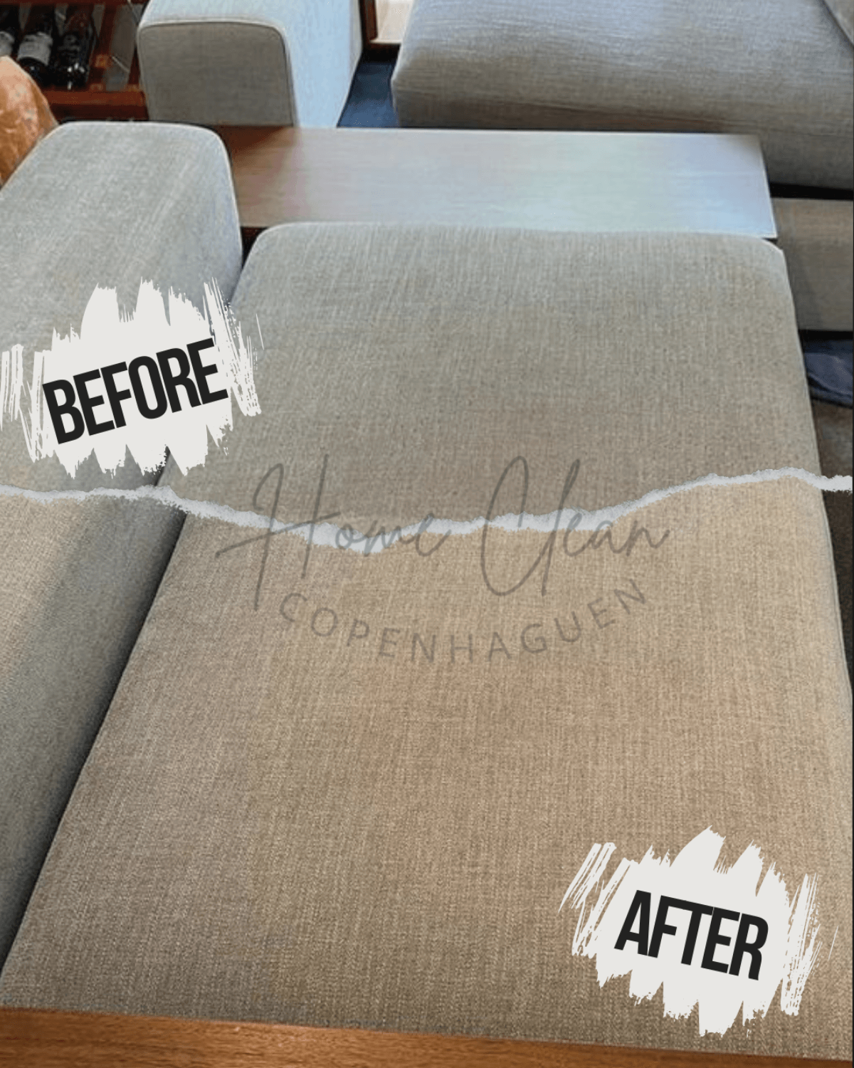 Before and after image showcasing the results of sofa cleaning services by Home Clean CPH. A previously stained and dull sofa is restored to a fresh, clean, and inviting condition through professional sofa deep cleaning.