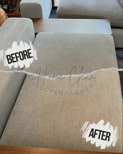 Before and after image showcasing the results of sofa cleaning services by Home Clean CPH. A previously stained and dull sofa is restored to a fresh, clean, and inviting condition through professional sofa deep cleaning.