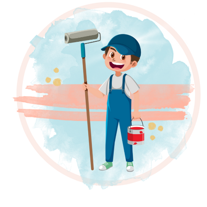 Cartoon character holding a paint roller and paint can, representing professional wall painting services.