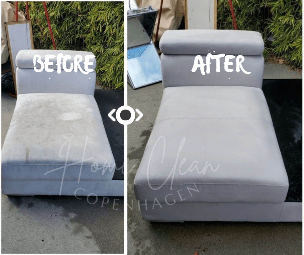 Sofa deep cleaning services by Home Clean CPH showcasing a "before and after" transformation. Professional sofa cleaning in Copenhagen to remove stains, odors, and bacteria, leaving furniture fresh and revitalized.