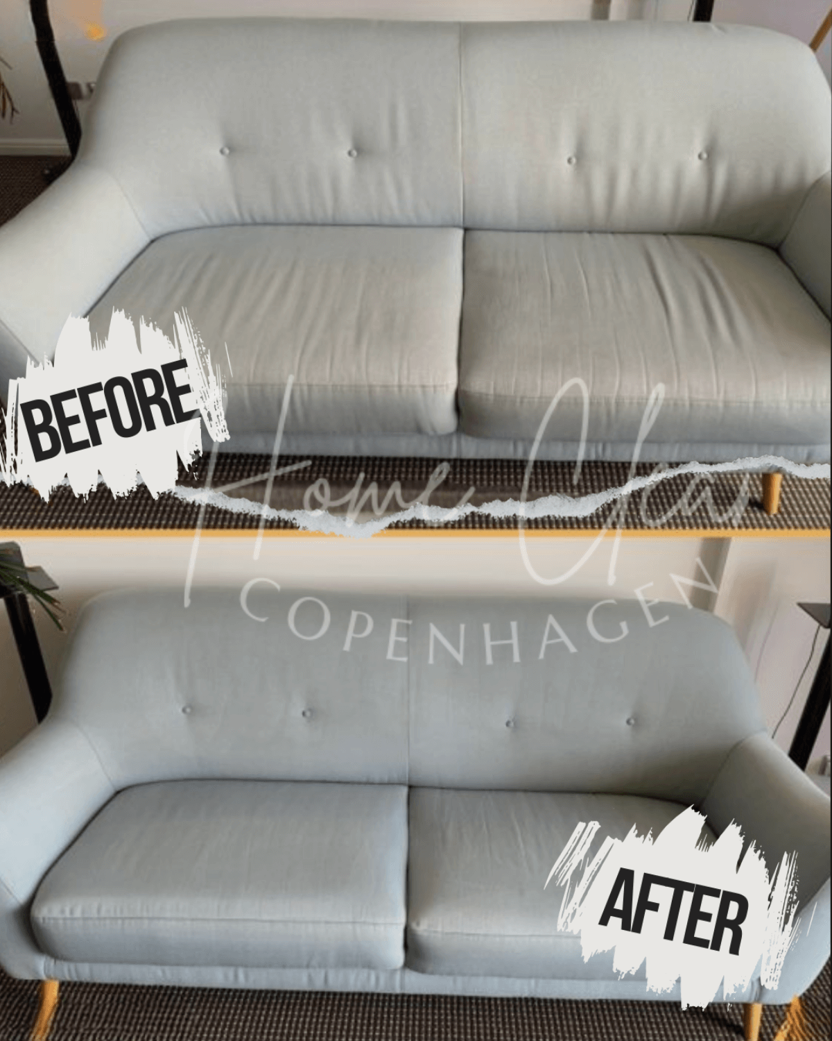Before and after results of sofa deep cleaning services provided by Home Clean CPH. Transform your furniture with professional sofa cleaning to remove dirt, stains, and allergens, ensuring a fresh and clean look in Copenhagen.