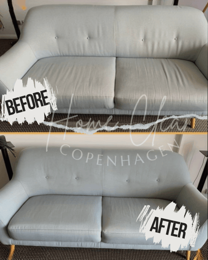 Before and after results of sofa deep cleaning services provided by Home Clean CPH. Transform your furniture with professional sofa cleaning to remove dirt, stains, and allergens, ensuring a fresh and clean look in Copenhagen.