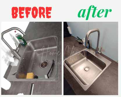 Before and after images of a stainless steel sink cleaned by Home Clean CPH. The sink transformation highlights a spotless and polished surface achieved through professional deep cleaning services.