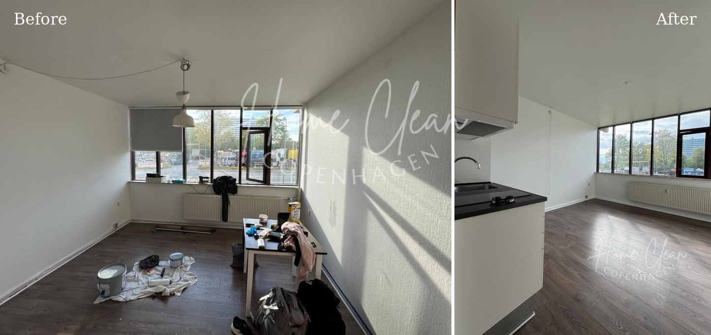 Before and after wall painting service in Copenhagen, showing a room during painting preparation before and a neatly finished painted room after the service. 