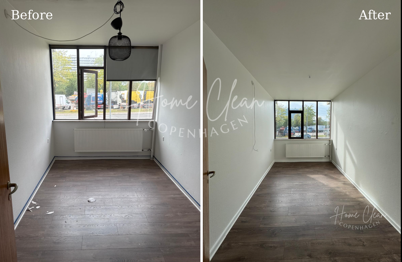 Before and after wall painting service in Copenhagen, showing a room during painting preparation before and a neatly finished painted room after the service. 